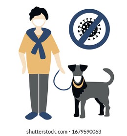 Walking with a dog in coronavirus conditions. Man with dog wearing medical masks on walk isolated 