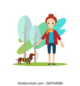 Walking a Dog. Daily Routine Activities of Women. Colourful Vector Illustration