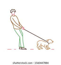 Walking the dog. Doggy behavior image. Pulling the leash. Domestic animal or pet body language. Simple icon, symbol, sign. Editable vector illustration isolated on white background