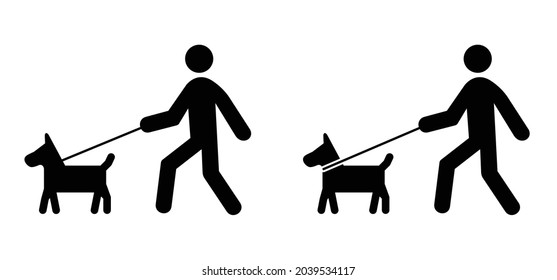 Walking with the dog, dogs leash. Cartoon walk with hound and lead icon. Flat vector stick figure dog pictogram. black silhouette of a dog. Stickfigure or stickman logo. Stickman. svg