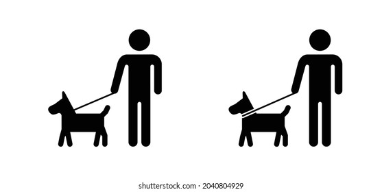 Caminando con el perro, los perros se cortan. Caricatura caminada con hondo e icono de plomo. Pictograma de perro con figura plana vectorial. silueta negra de un perro. Logo de Stickfigure o de stickman