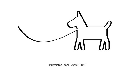Walking with the dog, dogs leash. Cartoon walk with hound and lead icon. Flat vector stick figure dog pictogram. black silhouette of a dog. Line pattern