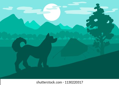 Walking Dog In Forest Mountain Camp. Tent under tree. Green nature scene. Hills landscape. Tourism panorama. Vector