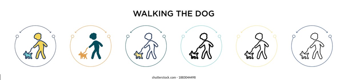 Das Hundesymbol in vollem, dünnen Linie, Umriss und Strichstil laufen. Vektorgrafik von zwei farbigen und schwarzen Spaziergängen, die Hunde Vektorsymbole Designs können für mobile, ui, web-basierte
