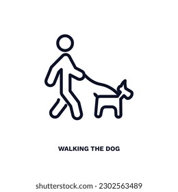 caminando por el icono del perro. Línea delgada recorriendo el icono del perro de la colección de comportamiento y acción. Vector de contorno aislado en fondo blanco. Se puede usar el símbolo del perro para caminar editable en la web y en el móvil