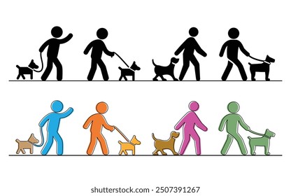 Walking with the dog icons. Flat vector stick figure dog pictogram. black silhouette of a dog icon. Stick figure or stickman logo.