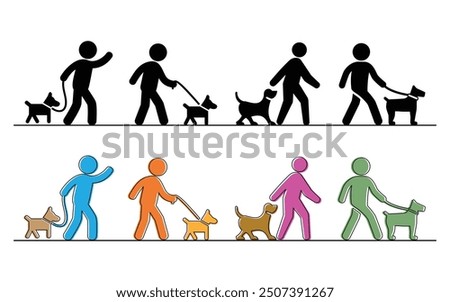Walking with the dog icons. Flat vector stick figure dog pictogram. black silhouette of a dog icon. Stick figure or stickman logo.