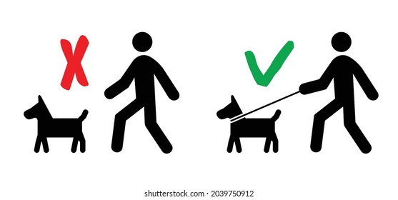 Walking With The Dog, Keep Your Dog On A Leash. Cartoon Walk With Hound And Lead Icon. Pet On Lead Allowed Only. Vector Stick Figure Dog Pictogram. Silhouette Of A Dog. Stickfigure Or Stickman Logo