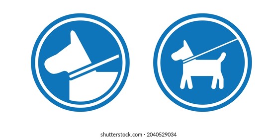Walking with the dog, keep your dog on a leash. Cartoon walk with hound and lead icon. Pet on lead allowed only. Vector stick figure dog pictogram. Silhouette of a dog logo. Blue signboard svg