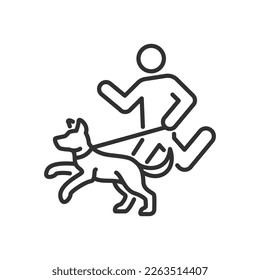 Walking the dog, linear icon, the person runs with the dog on a leash. Line with editable stroke