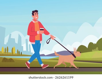 Walking with dog. man pet owner walking in park