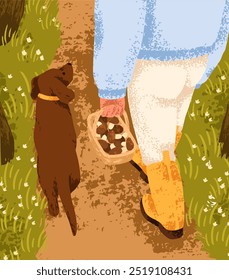 Walking with dog on footpath at countryside, carrying basket with collected mushrooms. Fall season leisure activity. Autumn country nature. Going with puppy for fungi picking. Flat vector illustration