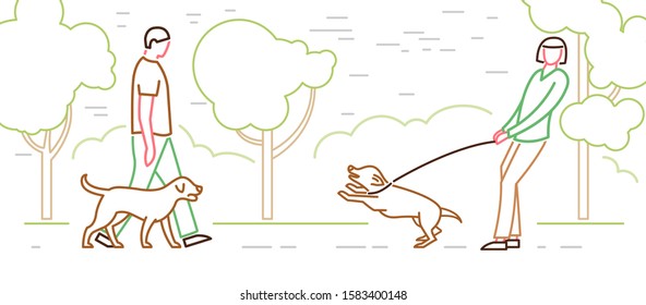 Walking the dog in a park. Aggressive reaction. Doggy behavior image. Pulling a leash. Domestic animal or pet body language. Editable vector illustration in a simple style isolated on white background