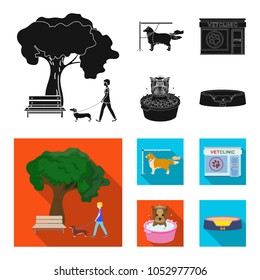 Walking with a dog in the park, combing a dog, a veterinarian office, bathing a pet. Vet clinic and pet care set collection icons in black,flat style vector symbol stock illustration web.