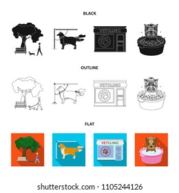 Walking with a dog in the park, combing a dog, a veterinarian office, bathing a pet. Vet clinic and pet care set collection icons in black,flat,outline style vector symbol stock illustration web.