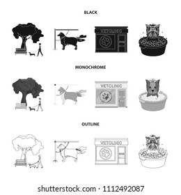 Walking with a dog in the park, combing a dog, a veterinarian's office, bathing a pet. Vet clinic and pet care set collection icons in black,monochrome,outline style vector symbol stock illustration