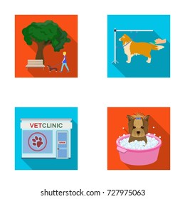 Walking with a dog in the park, combing a dog, a veterinarian's office, bathing a pet. Vet clinic and pet care set collection icons in flat style vector symbol stock illustration web.