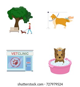 Walking with a dog in the park, combing a dog, a veterinarian's office, bathing a pet. Vet clinic and pet care set collection icons in cartoon style vector symbol stock illustration web.