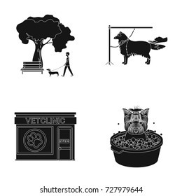 Walking with a dog in the park, combing a dog, a veterinarian's office, bathing a pet. Vet clinic and pet care set collection icons in black style vector symbol stock illustration web.