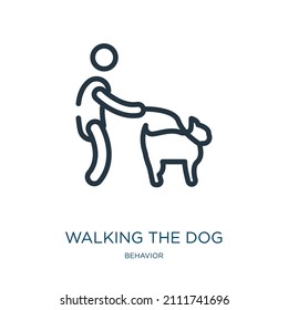 walking the dog thin line icon. dog, puppy linear icons from behavior concept isolated outline sign. Vector illustration symbol element for web design and apps.