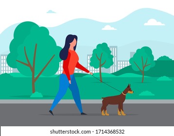 Walking dog vector concept. Professional dog walking person. Woman with cute pet animal in park. Girl walk outdoor puppy. Active doggy playing and runnin with owner.