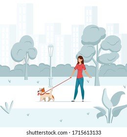 Walking dog vector concept. Professional dog walking person. Woman with cute pet animal in park. Girl walk outdoor puppy. Active doggy playing and runnin with owner.