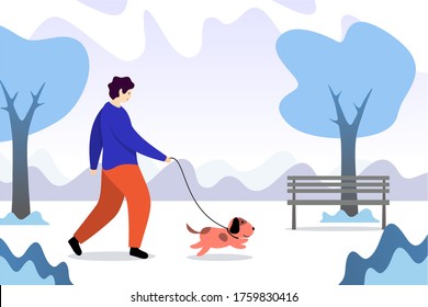 Walking dog vector concept. Professional dog walking person. Man with cute pet animal in park. Guy walk outdoor puppy. Active doggy playing and runnin with owner. Flat Design Style Vector Illustration