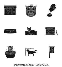 Walking with a dog, a vet clinic, a dog haircut, a puppy bathing, feeding a pet. Vet clinic and pet care set collection icons in black style vector symbol stock illustration web.