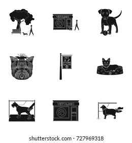 Walking with a dog, a vet clinic, a dog haircut, a puppy bathing, feeding a pet. Vet clinic and pet care set collection icons in black style vector symbol stock illustration web.