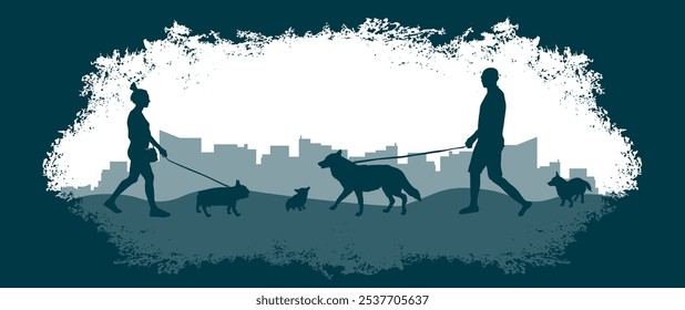 Perros que caminan en el fondo de la ciudad en el marco del grunge, silueta. Ilustración vectorial