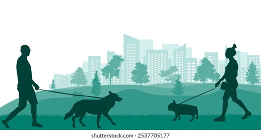 Perros que caminan en el parque en el fondo de la ciudad, silueta. Ilustración vectorial