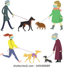 Walking with dogs - people in medical masks in quarantine