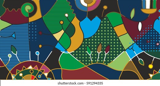 Walking down the boulevard. Colorful graphic prints for office and home interior paintings.