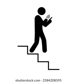 Walking down a staircase holding a cell phone. Flat style vector illustration editable isolated design.