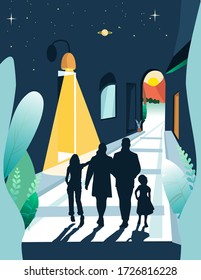 walking in dreams with my family. Get other way and new life. Good life to new horizont. Vector illustration