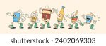 Walking drinks in retro cartoon style vector illustration set. Different beverages characters vintage animation elements design. Handdrawn art