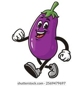 Walking Eggplant Cartoon Character Mascot Illustration Vector Clip-art Hand-drawn Logo Design