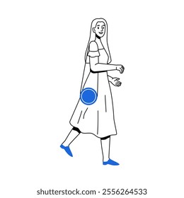 Walking elegant female personage wearing long dress and accessory bag. Vector isolated fashionable and modern lady strolling for fun. Moving girl, motion and posing smiling and slowly stepping