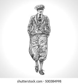 Walking elegant man. Retro Gentleman. Breeches and cap. Isolated on white background. Hand drawn vector illustration in vintage engraved style. Art Deco Epoch 1920's 1930's and 1940's Style