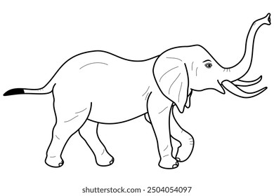 Walking elephant with raised trunk, black outline side view