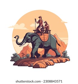 Walking elephants in African sunset, a family adventure, isolated