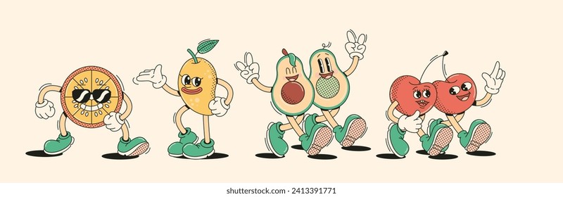 Walking exotic fruits and cherries characters in retro cartoon style vector illustration set. Healthy nutrition vintage animation design