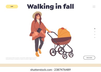 Walking in fall landing page template with happy young mother strolling baby in perambulator