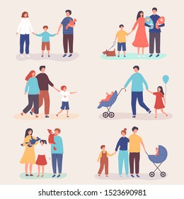 Walking families. Collection of mothers, fathers and children spending time together. Set of strolling parents and kids isolated on white background. Flat cartoon vector illustration.