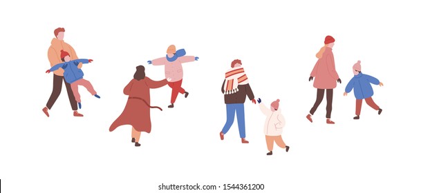 Walking Families In Warm Clothes Flat Vector Illustrations Set. Playing Children And Parents Faceless Characters. Winter Season Outside Activity. Family Entertainment. Outdoor Rest, Stroll With Child.