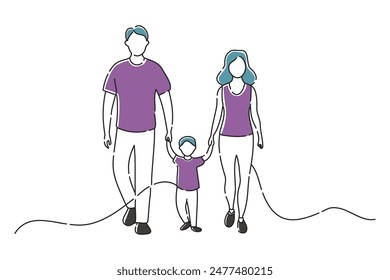 walking family, doodle continuous line art vector illustration.