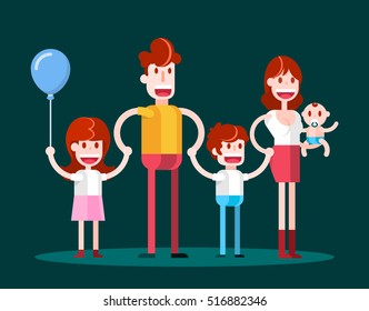 Walking in Family. Isolated Flat Vector Illustration on Dark Background.