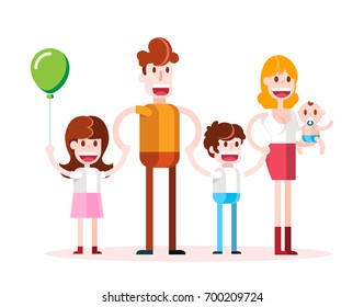 Walking in Family. Isolated Flat Vector Illustration on White Background