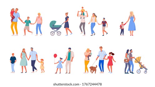 Walking family set. Happy family on walk set isolated on white background. Collection of mother, father and children spending time together. People bundle walking outdoor vector illustration