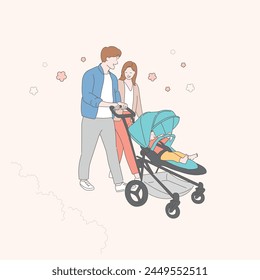 a walking family, a stroller, a spring outing, a walking family